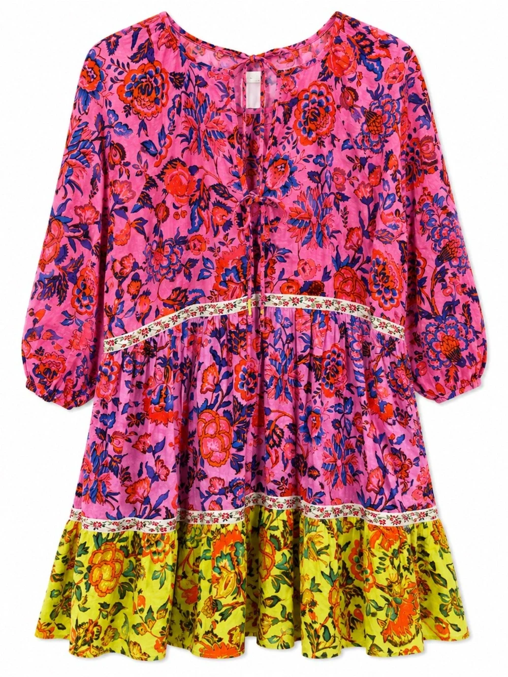 Anthropologie Floral Boho Mini Dress Pink Multicolor 3/4 Sleeve S Cottagecore - Picture 2 of 3